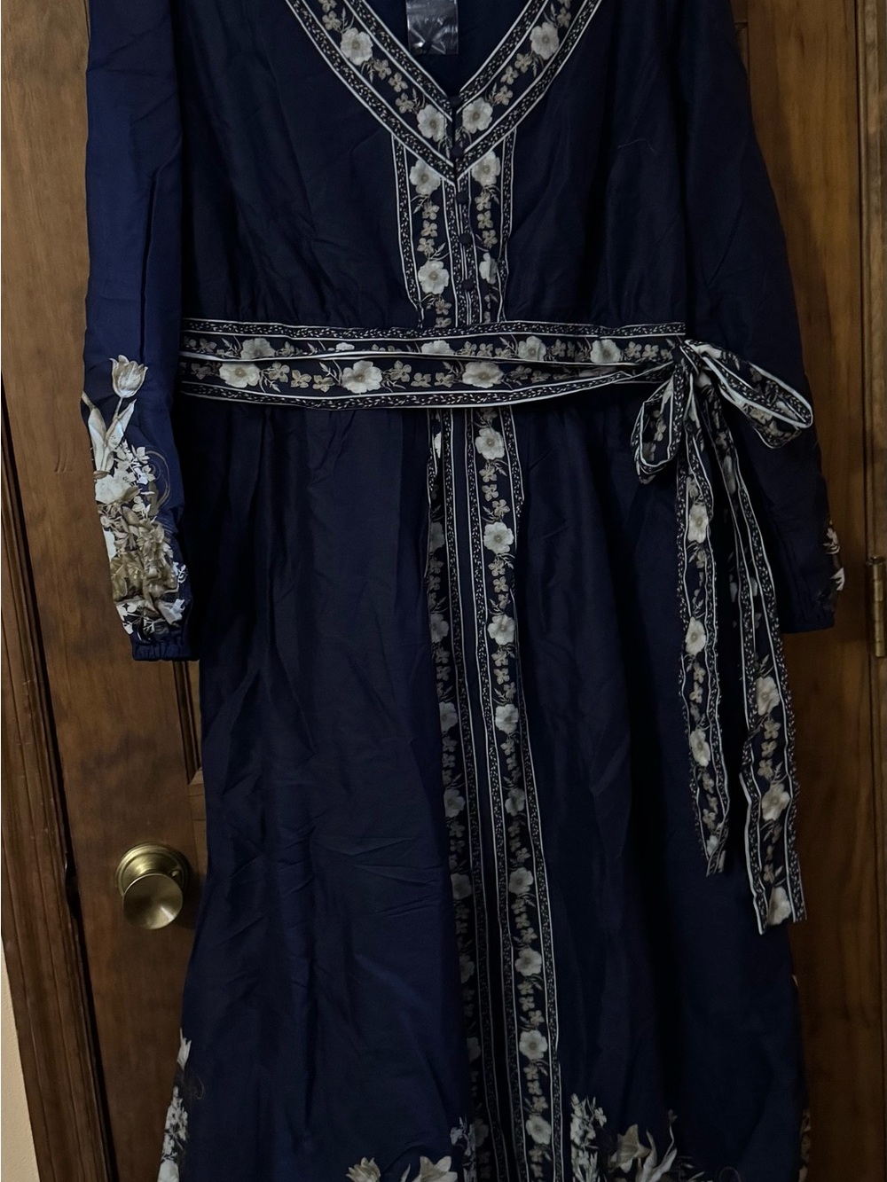 Wallis Navy Maxi Dress with Floral Trim and Tie Belt